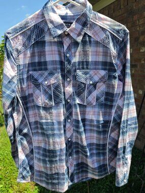 Buckle Black Shirt Mens Small Pearl Snap Plaid Long Sleeve 55% cotton